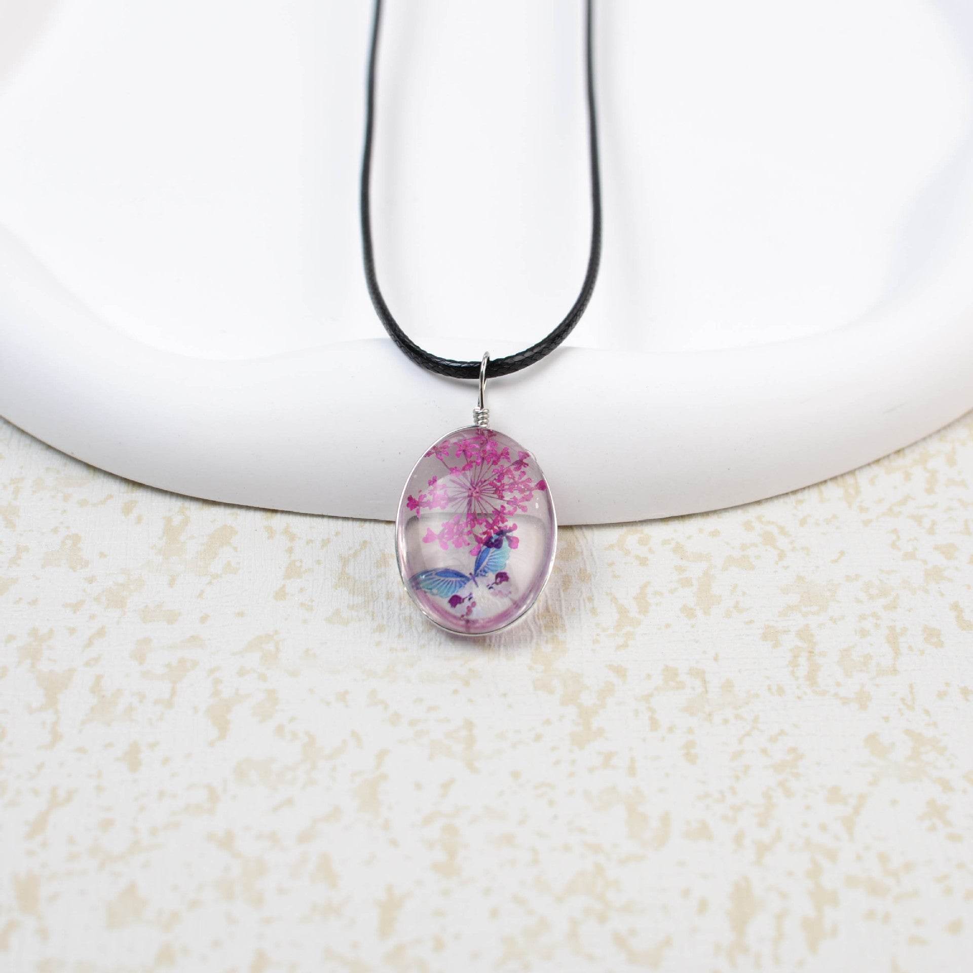 Glass Time Stone Butterfly Lace Flower Necklace - Here2Save