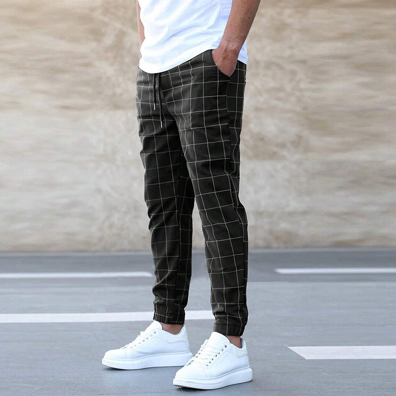 Pantalones con estampado de cuadros de moda Pantalones casuales con cordón para hombres