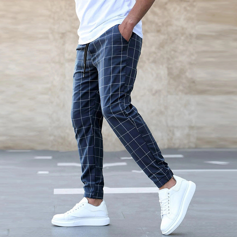 Pantalones con estampado de cuadros de moda Pantalones casuales con cordón para hombres