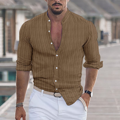 European And American Men's Cotton And Linen Stripes Jacquard Shirt