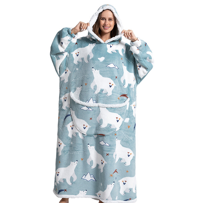 Animal Cartoon Extra Thick Lambswool Pajamas Hooded Lazy Blanket