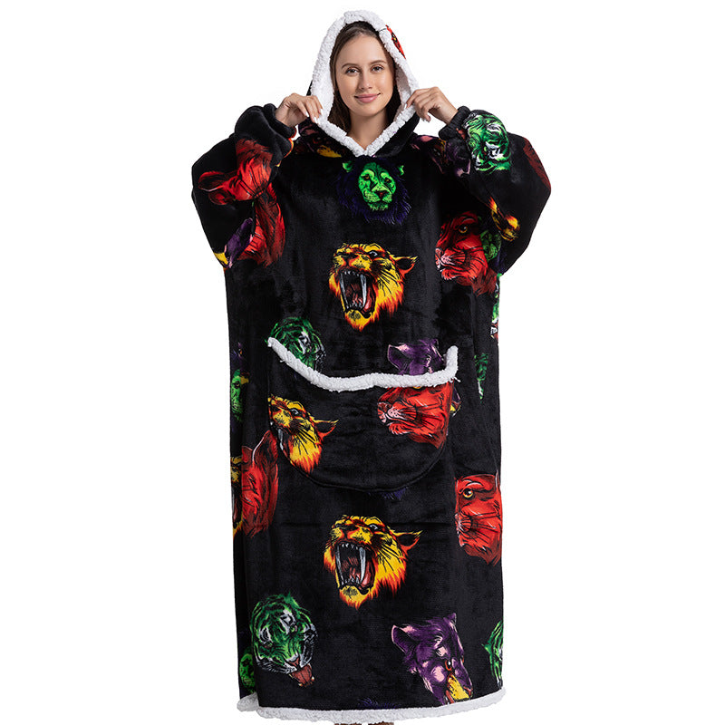 Animal Cartoon Extra Thick Lambswool Pajamas Hooded Lazy Blanket