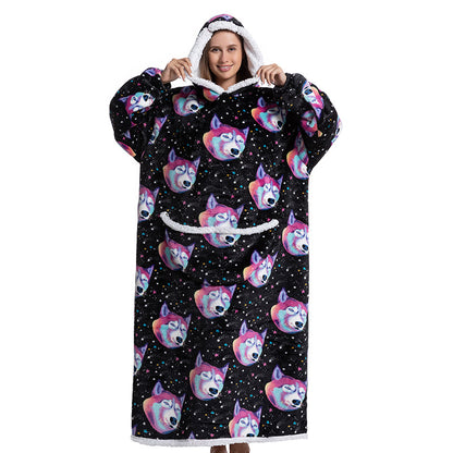 Animal Cartoon Extra Thick Lambswool Pajamas Hooded Lazy Blanket