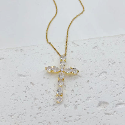 Fashion Jewelry Micro Inlay Colorful Zircon Water Drops Cross Necklace