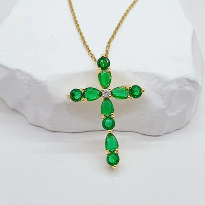 Fashion Jewelry Micro Inlay Colorful Zircon Water Drops Cross Necklace