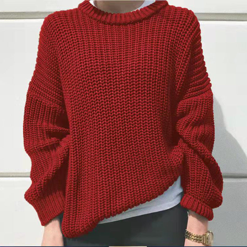 Women's Fashion Casual Simple Thick Needle Long Sleeve Round Neck Loose Knitted Pullover Sweater