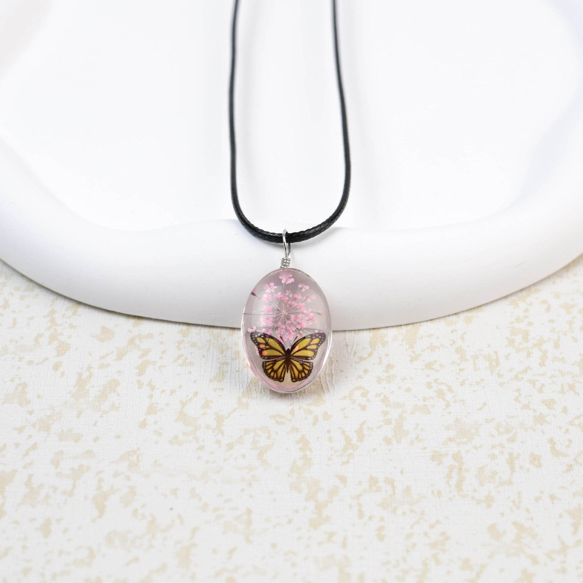 Glass Time Stone Butterfly Lace Flower Necklace - Here2Save
