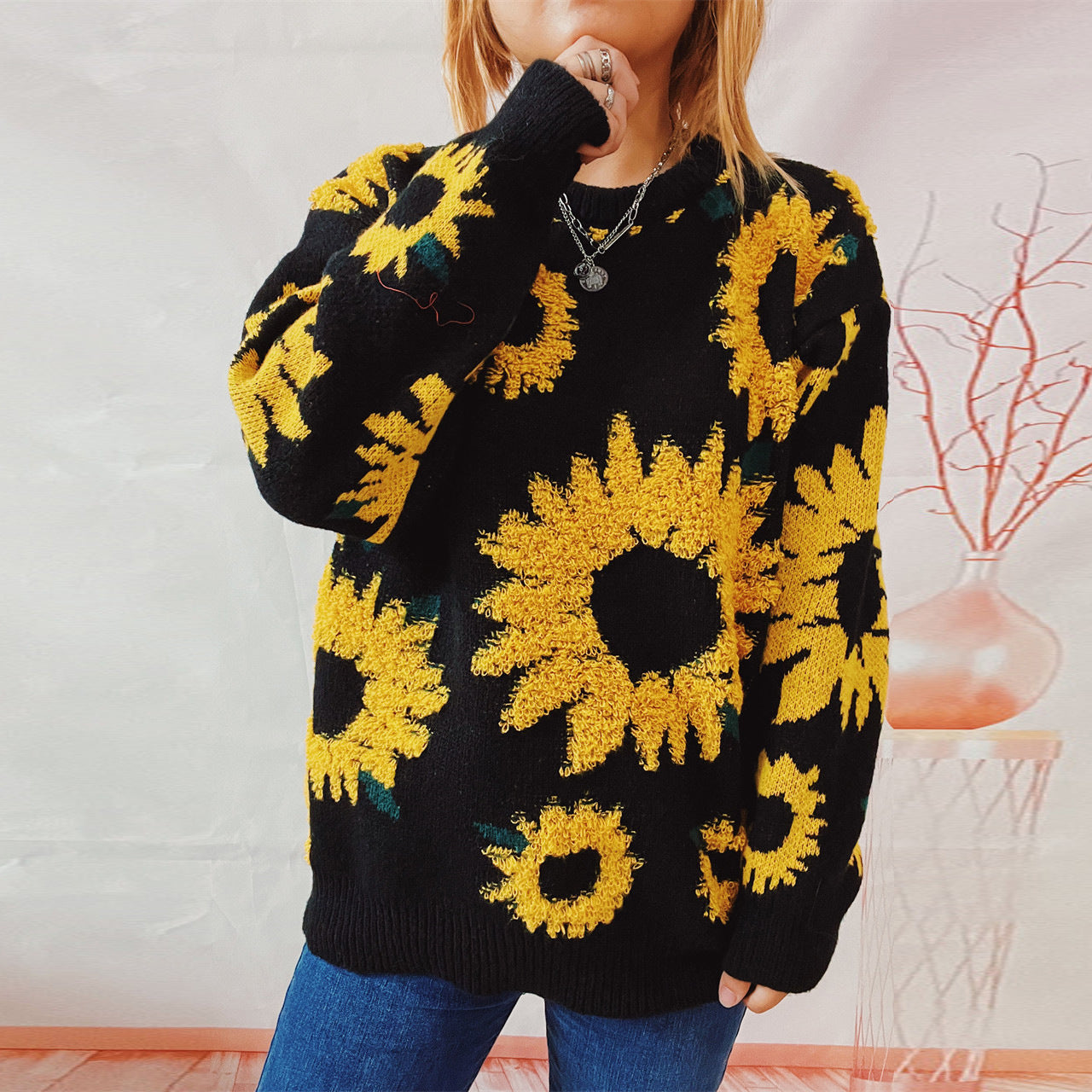 Women's Fashion Casual Sunflower Jacquard Round Neck Long Sleeve Sweater