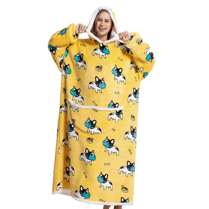 Animal Cartoon Extra Thick Lambswool Pajamas Hooded Lazy Blanket