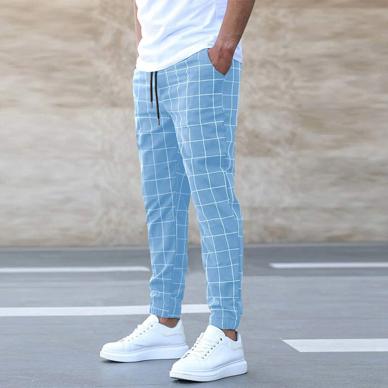 Pantalones con estampado de cuadros de moda Pantalones casuales con cordón para hombres