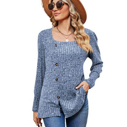 Women's Fashion Casual Loose Square Collar Button Long Sleeve Top