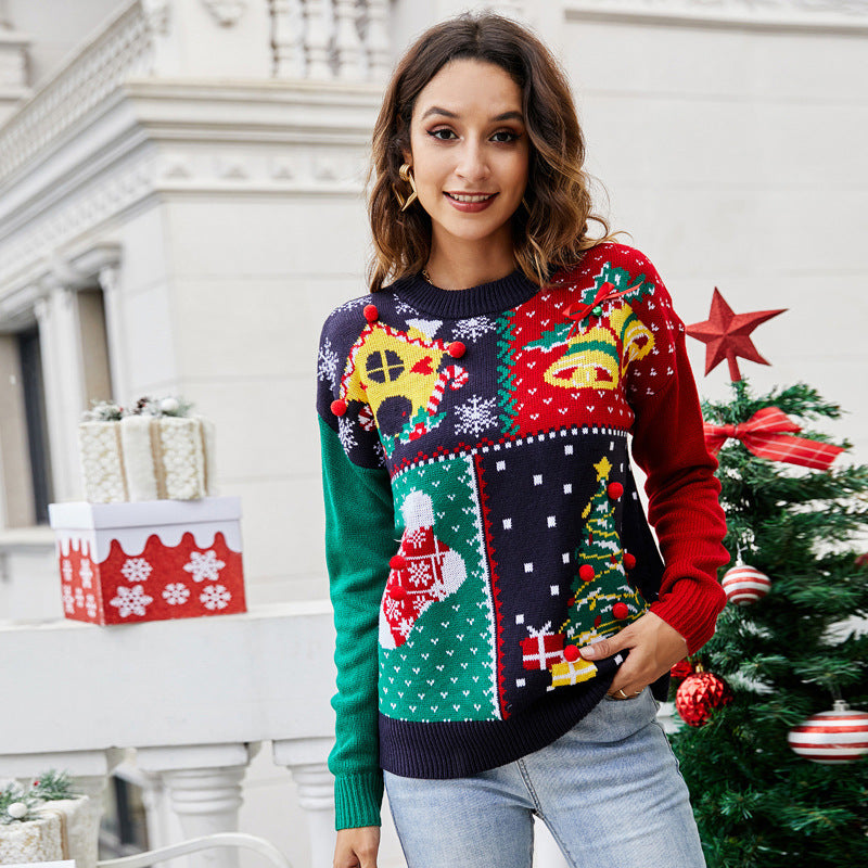 Suéteres de punto con copos de nieve y árbol de Navidad para mujer, jersey bordado de manga larga con cuello redondo, prendas de punto, Tops de invierno