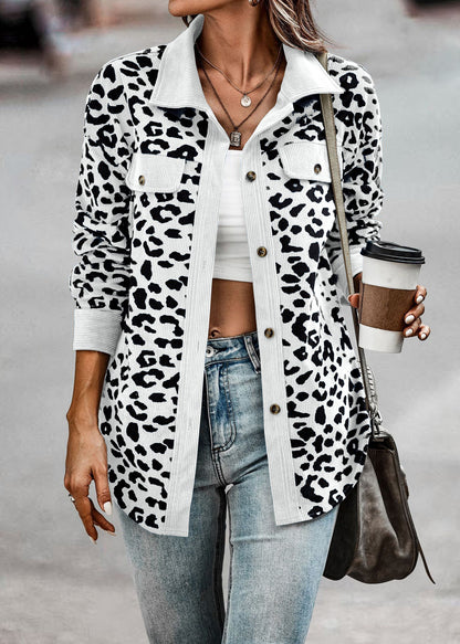 Abrigo camisero con estampado de leopardo Chaqueta de manga larga con botones a la moda para mujer