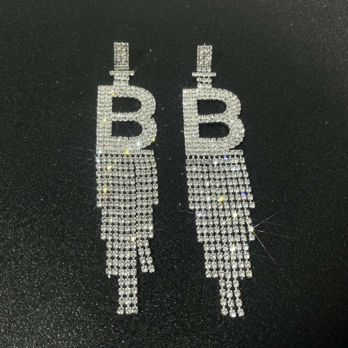 Fashion Jewelry 925 Silver Needle Ornaments Rhinestone Letter B Earrings Banquet Tassel Ear Ornaments Female - Here2Save
