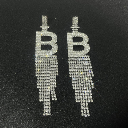 Fashion Jewelry 925 Silver Needle Ornaments Rhinestone Letter B Earrings Banquet Tassel Ear Ornaments Female - Here2Save