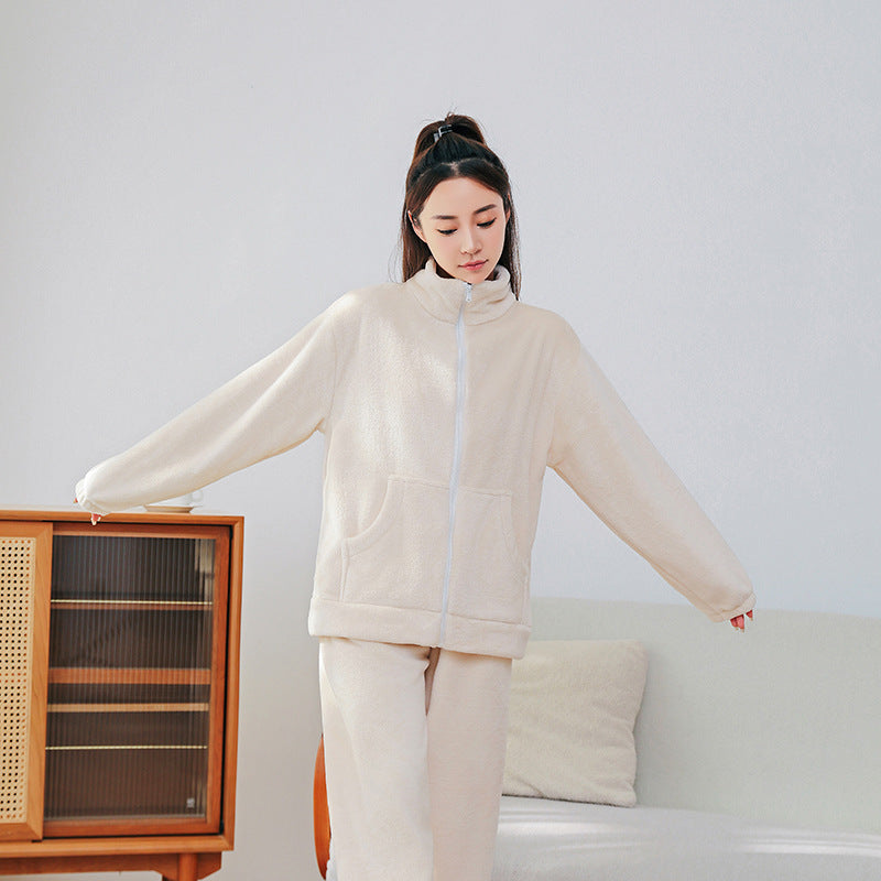 Winter Pajamas Sets Homewear With Pockets Design Thickened Coral Velvet Stand Collar Warm Pajamas Indoor Outdoor Casual Clothes