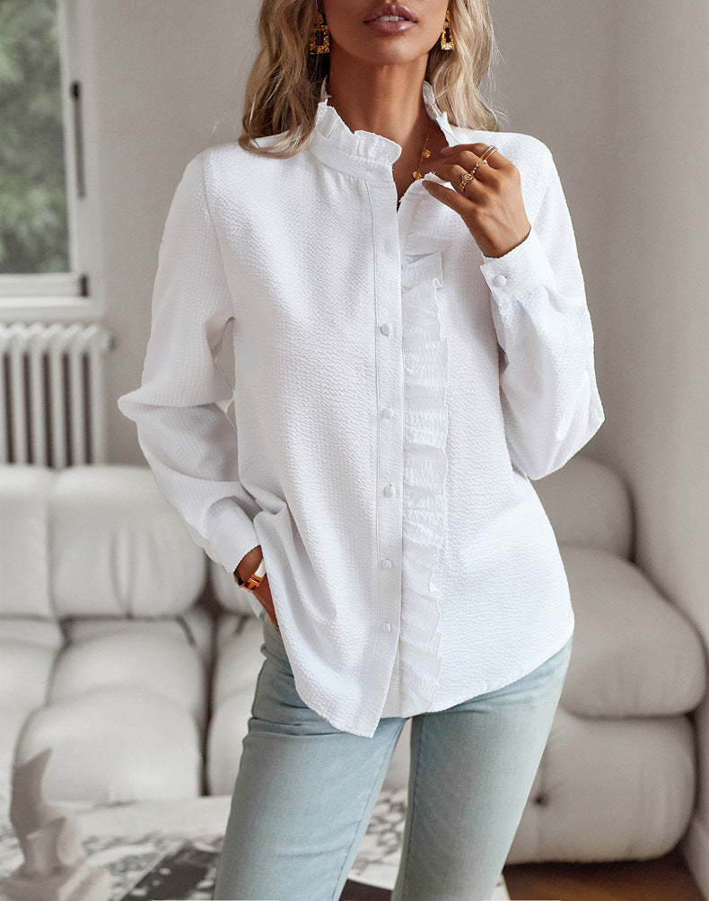 Camisa de manga larga a rayas, Tops con botones y diseño de volantes a la moda, blusa informal para oficina, ropa elegante para ir al trabajo