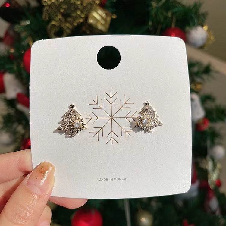 Rotatable Christmas Tree Earrings Shiny Rhinestone Snowflake Stud Earring New Year Xmas Festival Ear Jewelry Gifts Autumn And Winter - Here2Save