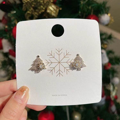 Rotatable Christmas Tree Earrings Shiny Rhinestone Snowflake Stud Earring New Year Xmas Festival Ear Jewelry Gifts Autumn And Winter - Here2Save