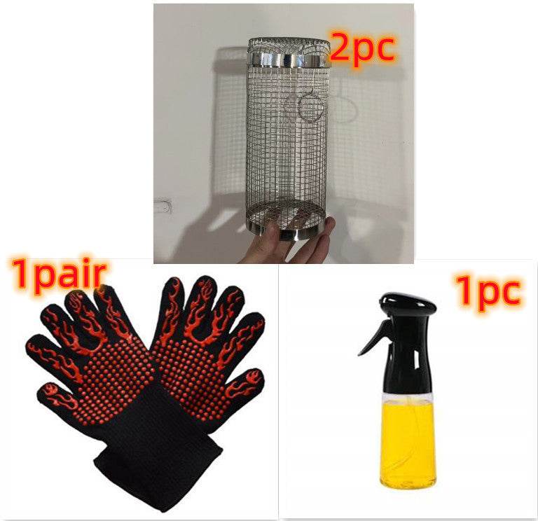 Rolling Grilling Basket Metal BBQ Barbecue Basket Net Portable Outdoor Camping Barbecue Rack Kitchen Gadgets - Here2Save