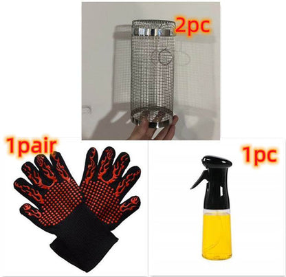 Rolling Grilling Basket Metal BBQ Barbecue Basket Net Portable Outdoor Camping Barbecue Rack Kitchen Gadgets - Here2Save