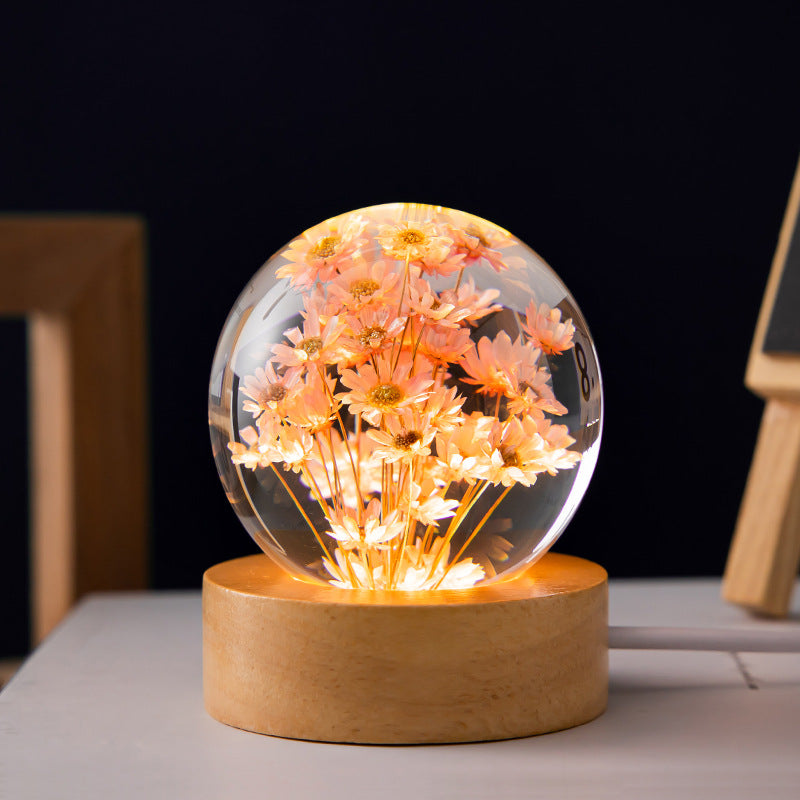 Luminous 3D Dandelion Crystal Ball Beech Wood Stand Base Preserved Flower Sphere Ball Desktop Ornaments Bithday Christmas Gifts - Here2Save