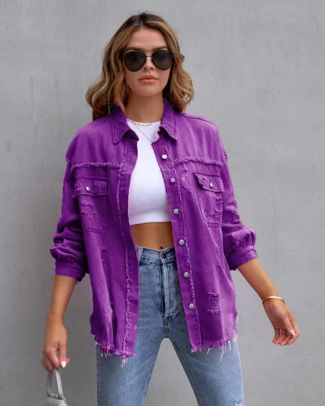 Fashion Ripped Shirt Jacket Female Autumn And Spring Casual Tops Womens Clothing - Here2Save