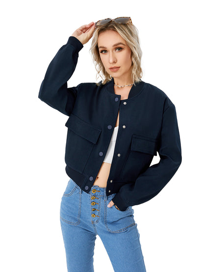 Women's Lightweight Cropped Bomber Jacket Casual Long Sleeve Varsity Jacket With Pocket Fashion Y2k Jacket Streetwear