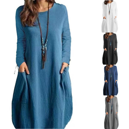 Vestido de manga larga de color sólido informal suelto de algodón y lino de otoño para mujer