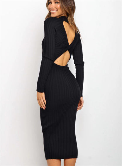 New Style Women's Suits Sweater Dresses Women's Solid Color Backless Bow Tight Dresses - Here2Save