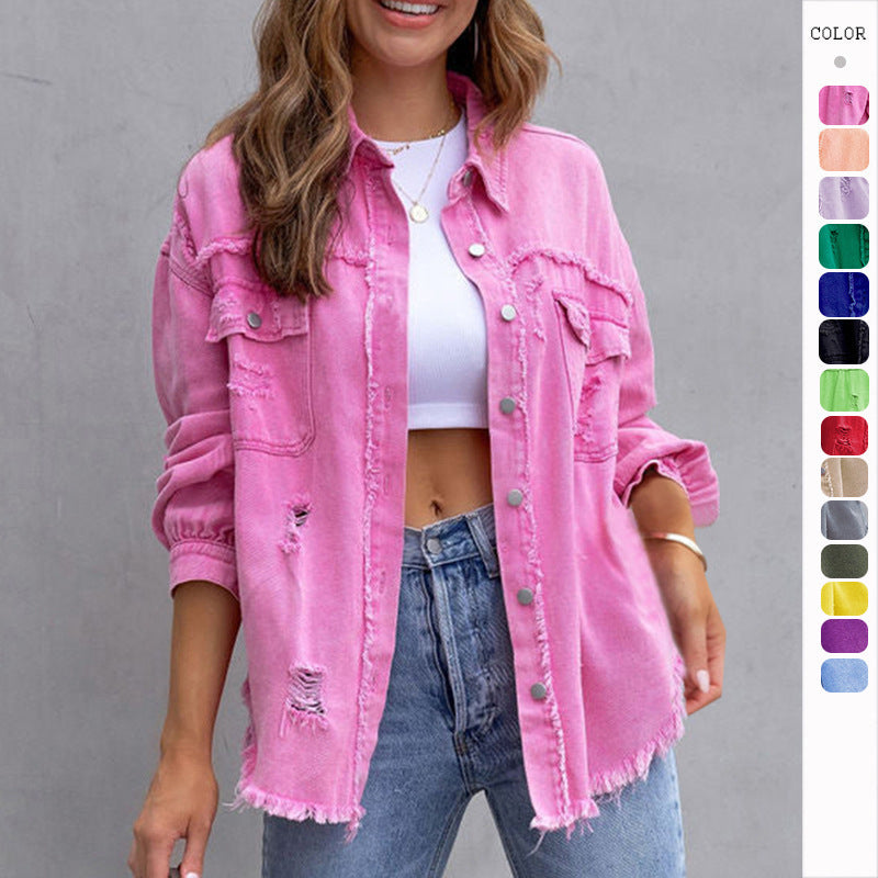 Fashion Ripped Shirt Jacket Female Autumn And Spring Casual Tops Womens Clothing - Here2Save