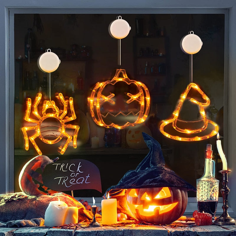 Halloween Window Hanging LED Lights Spider Pumpkin Hanging Ghost Horror Atmosphere Lights Holiday Party Decorative Lights Home Decor - Here2Save