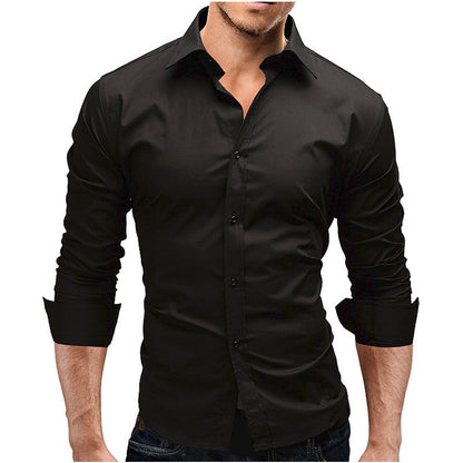 Camisa formal simple de color sólido de manga larga ajustada para hombre