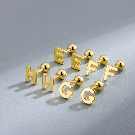 S925 Sterling Silver Glossy 26 Letters Screw Pin Ear Studs - Here2Save
