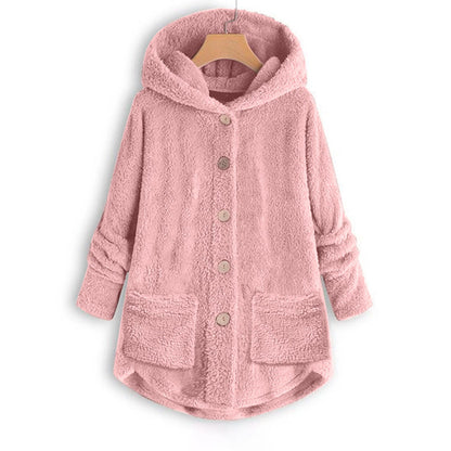 Buttoned Irregular Hooded Plush Top