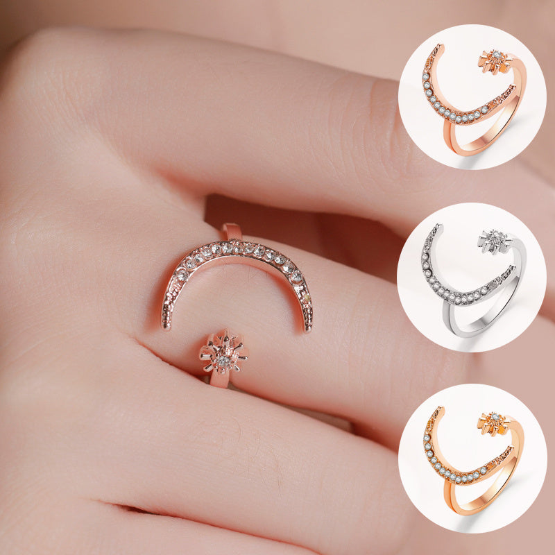 Moon And Star Opening Rings Fashion Rhinestones Personalized Jewelry For Women