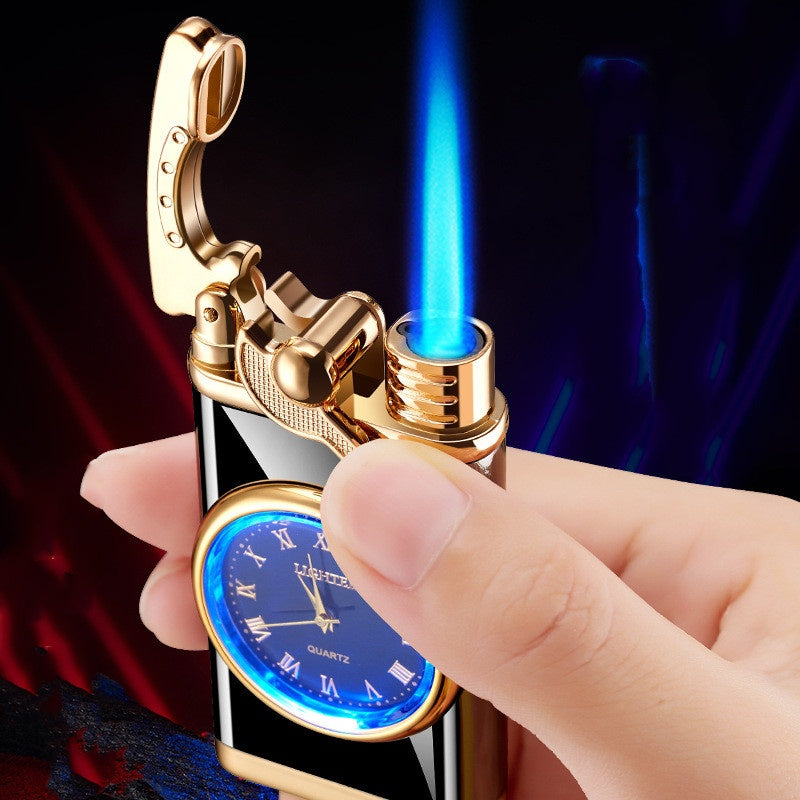 New Lighter With Electric Watch Rocker Arm Automatic Ignition Straight Blue Flame Lighter Creative Real Dial Inflatable Windproof Lighter Men's Watch Gift - Here2Save