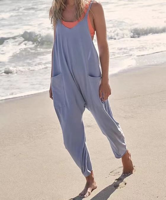 Summer Women's Loose Sleeveless Jumpsuits Spaghetti Strap Long Pant Romper Jumpsuit With Pockets Zipper - Here2Save