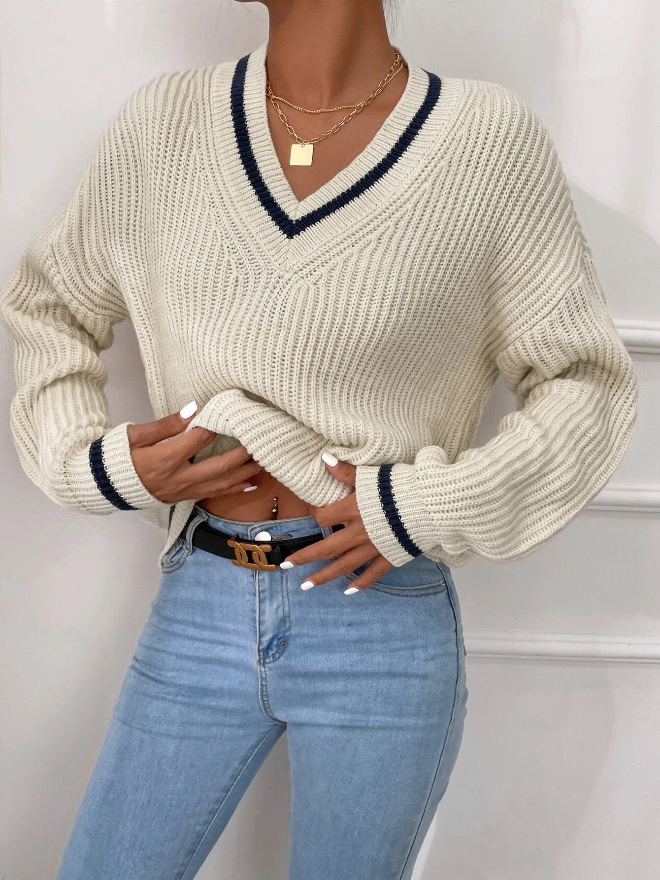 Winter Women's Clothes Cable Knit V Neck Sweaters Casual Long Sleeve Striped Pullover Sweater Trendy Loose Preppy Jumper Top