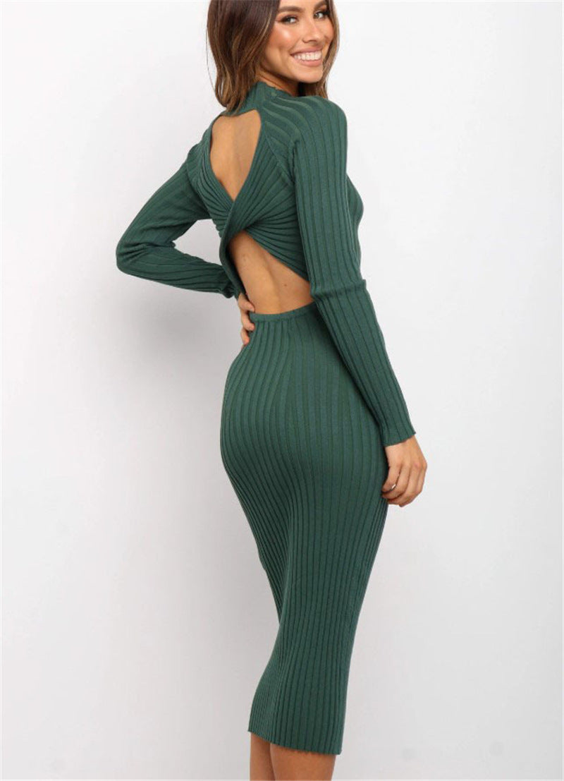 New Style Women's Suits Sweater Dresses Women's Solid Color Backless Bow Tight Dresses - Here2Save