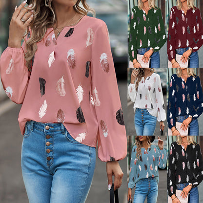 Polo con estampado de plumas Camisa de manga larga tipo farol Cuello vuelto Tops con botonadura Ropa