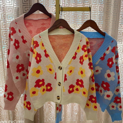 Women's Short Floral V-neck Long-sleeved Sweater