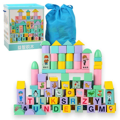 Children's Educational Wooden Building Blocks Toy 162 Pieces With Domino Wooden Bucket