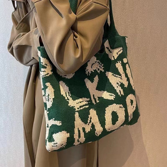 Bolso de punto con estampado de letras, bolso bandolera para compras a la moda, bolso de gran capacidad