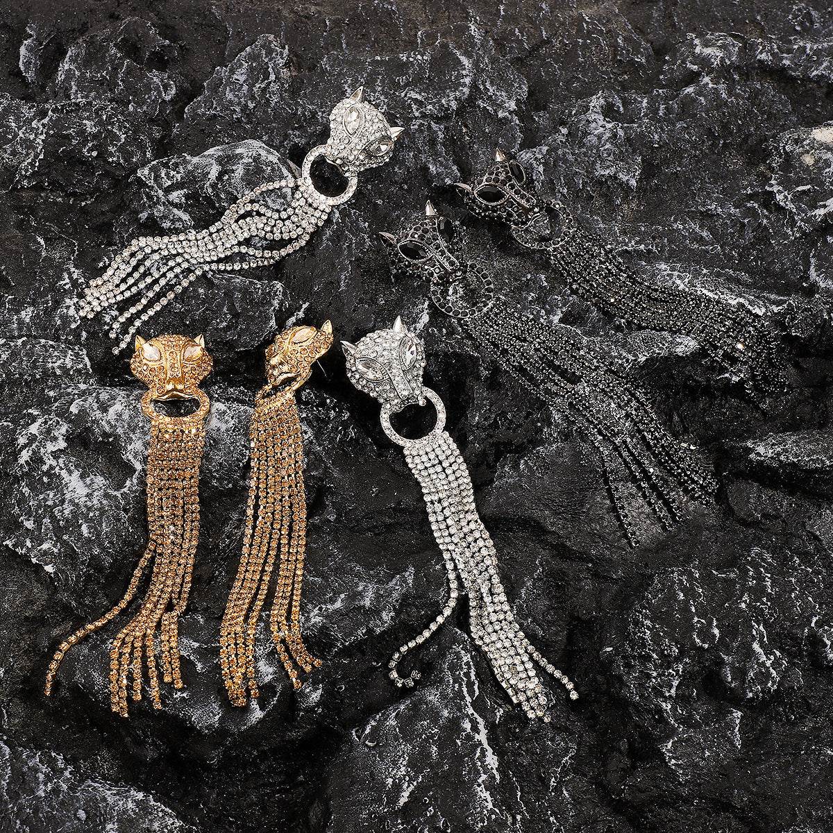 Personalized Leopard Head Earrings With Tassel Rhinestones Trendy Fashion Jewelry Luxury Long Earrings For Women - Here2Save