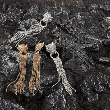 Personalized Leopard Head Earrings With Tassel Rhinestones Trendy Fashion Jewelry Luxury Long Earrings For Women - Here2Save