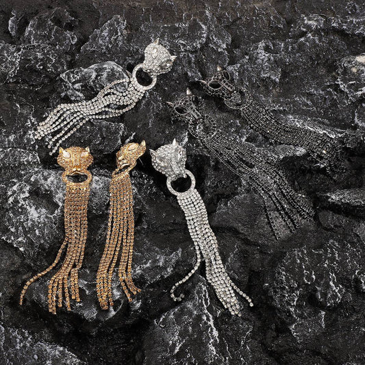 Personalized Leopard Head Earrings With Tassel Rhinestones Trendy Fashion Jewelry Luxury Long Earrings For Women - Here2Save