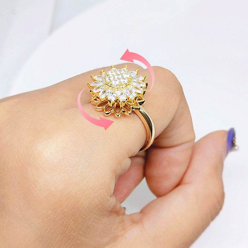 Rotating SUNFLOWER Full Diamond Sunflower Ring - Here2Save