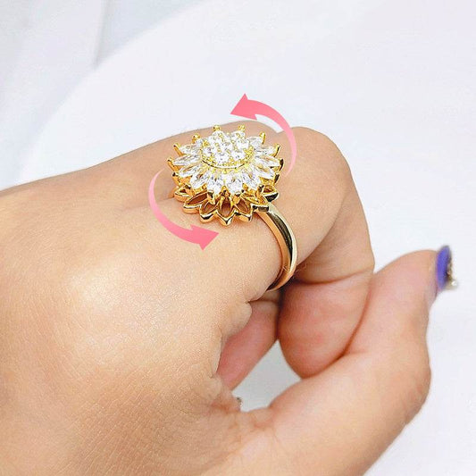 Rotating SUNFLOWER Full Diamond Sunflower Ring - Here2Save