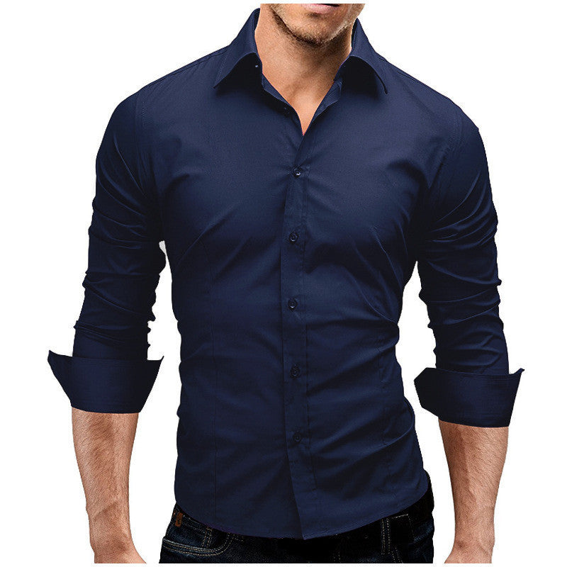 Camisa formal simple de color sólido de manga larga ajustada para hombre